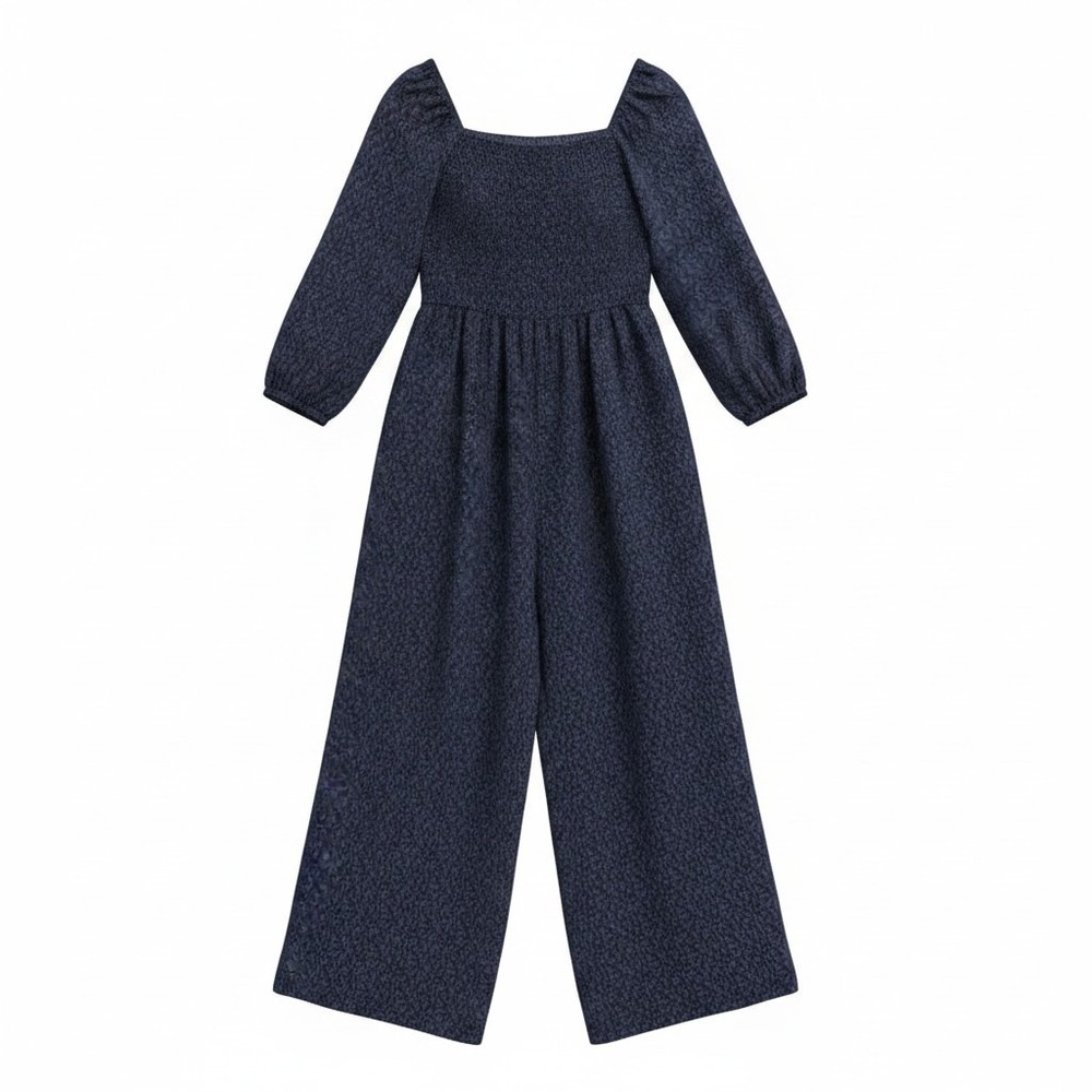 Madewell Jumpsuit Women 14 Blue Floral Smocked Square Neck Tie Back Wide Leg